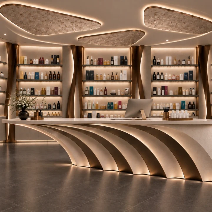 Sculptural pharmacy dispensing counter with curved bronze detailing, designed by Pharm Art Studio