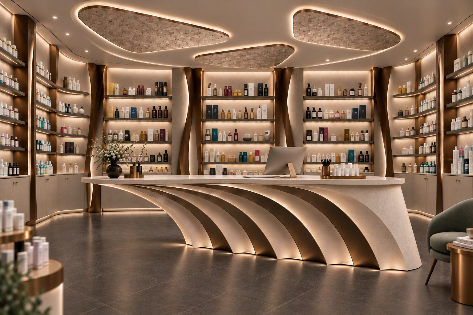 Sculptural pharmacy dispensing counter with curved bronze detailing, designed by Pharm Art Studio