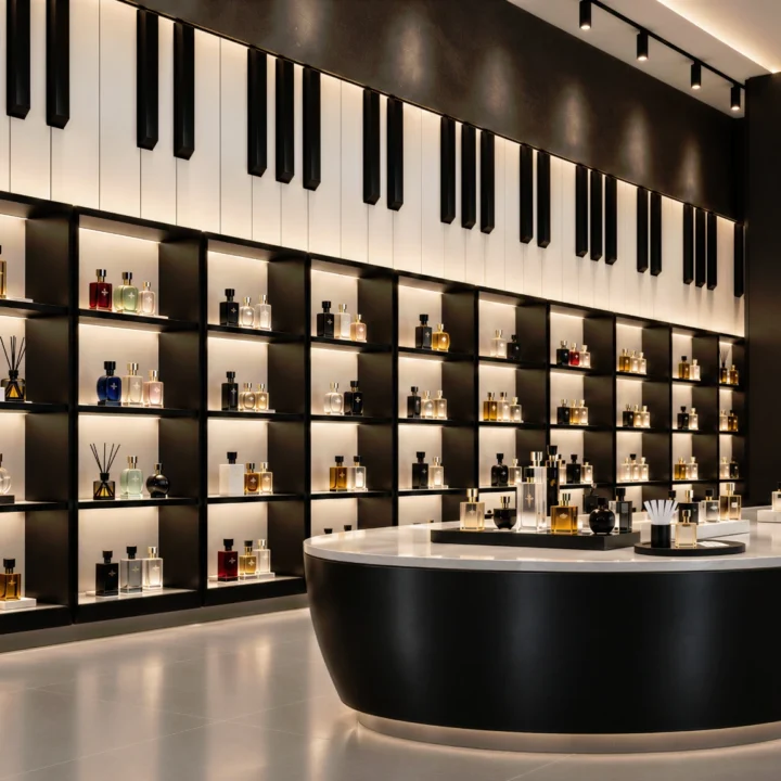 Black and white perfume boutique interior with piano-key wall detailing, illuminated display shelves and a curved island counter.