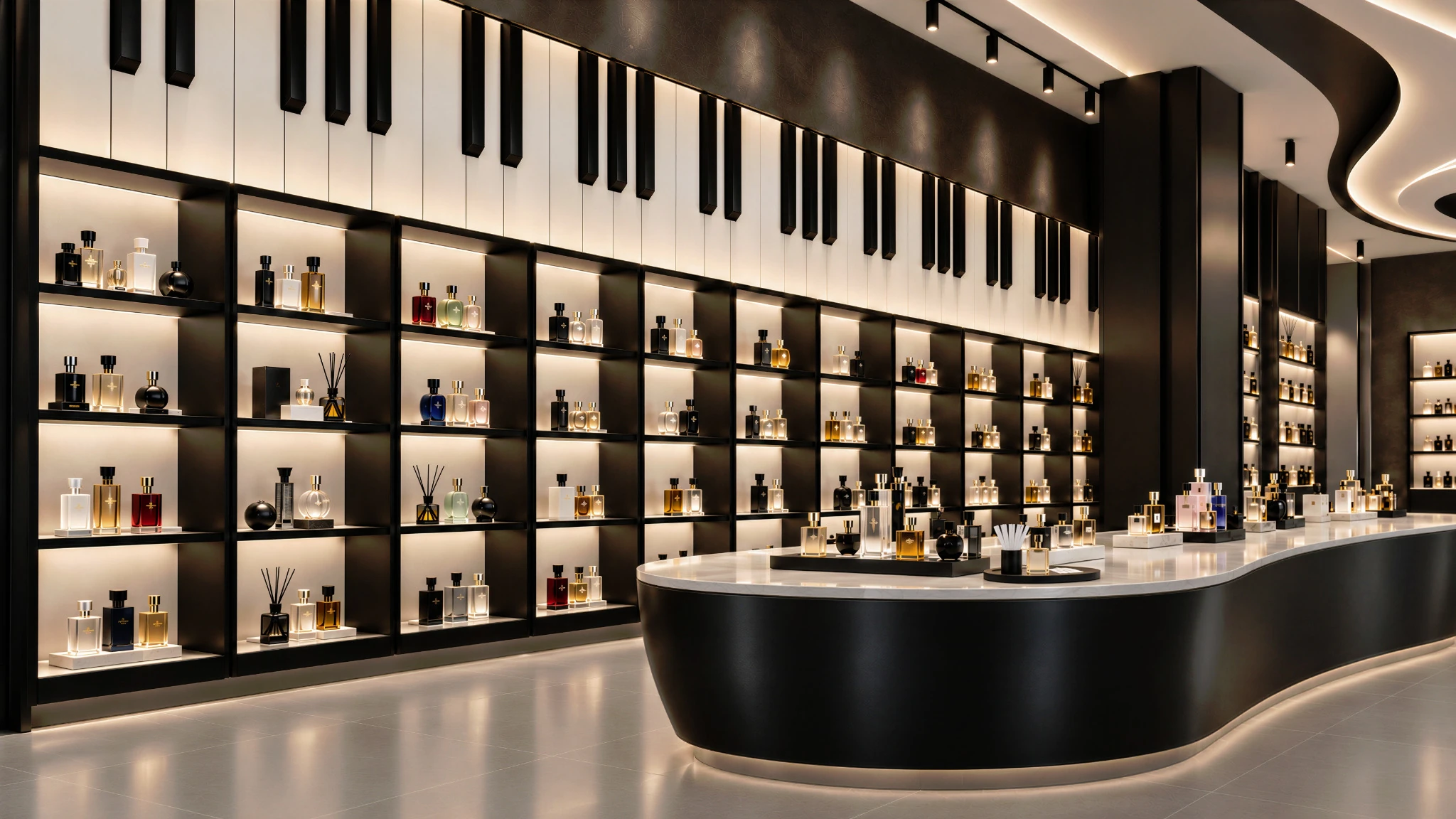Black and white perfume boutique interior with piano-key wall detailing, illuminated display shelves and a curved island counter.