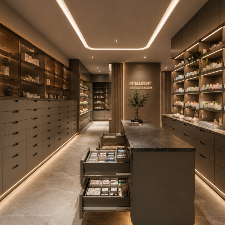 Luxury pharmacy storage system with custom medicine drawers, illuminated shelving, intelligent dispensing layout and premium back pharmacy design by Pharm Art Studio.