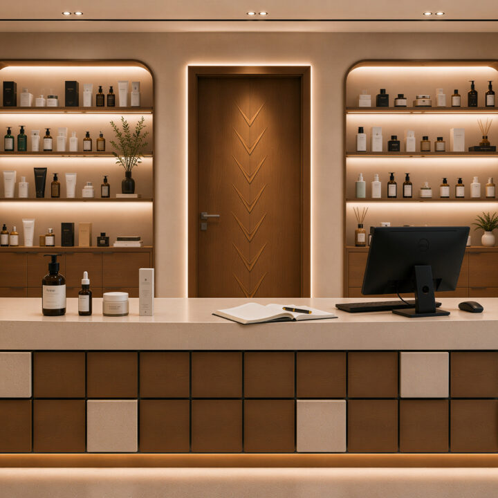 Luxury dermocosmetic retail interior featuring a premium reception counter, warm wood finishes, elegant ambient lighting, curated skincare displays, and a modern wellness-inspired design.