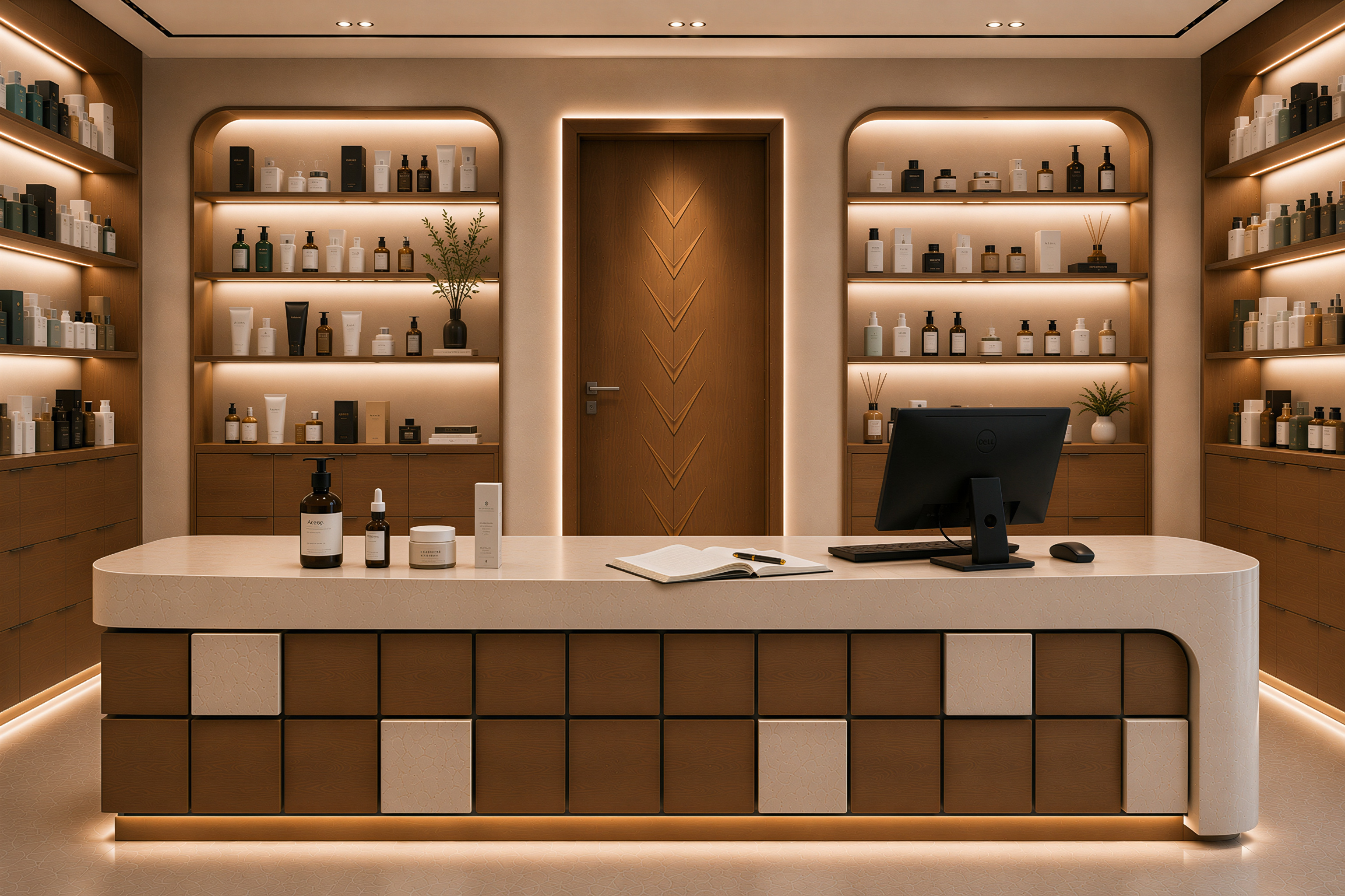 Luxury dermocosmetic retail interior featuring a premium reception counter, warm wood finishes, elegant ambient lighting, curated skincare displays, and a modern wellness-inspired design.