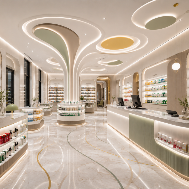 Luxury dermocosmetics interior design with sculptural ceiling, illuminated shelving, premium white finishes, and modern pharmacy retail displays.