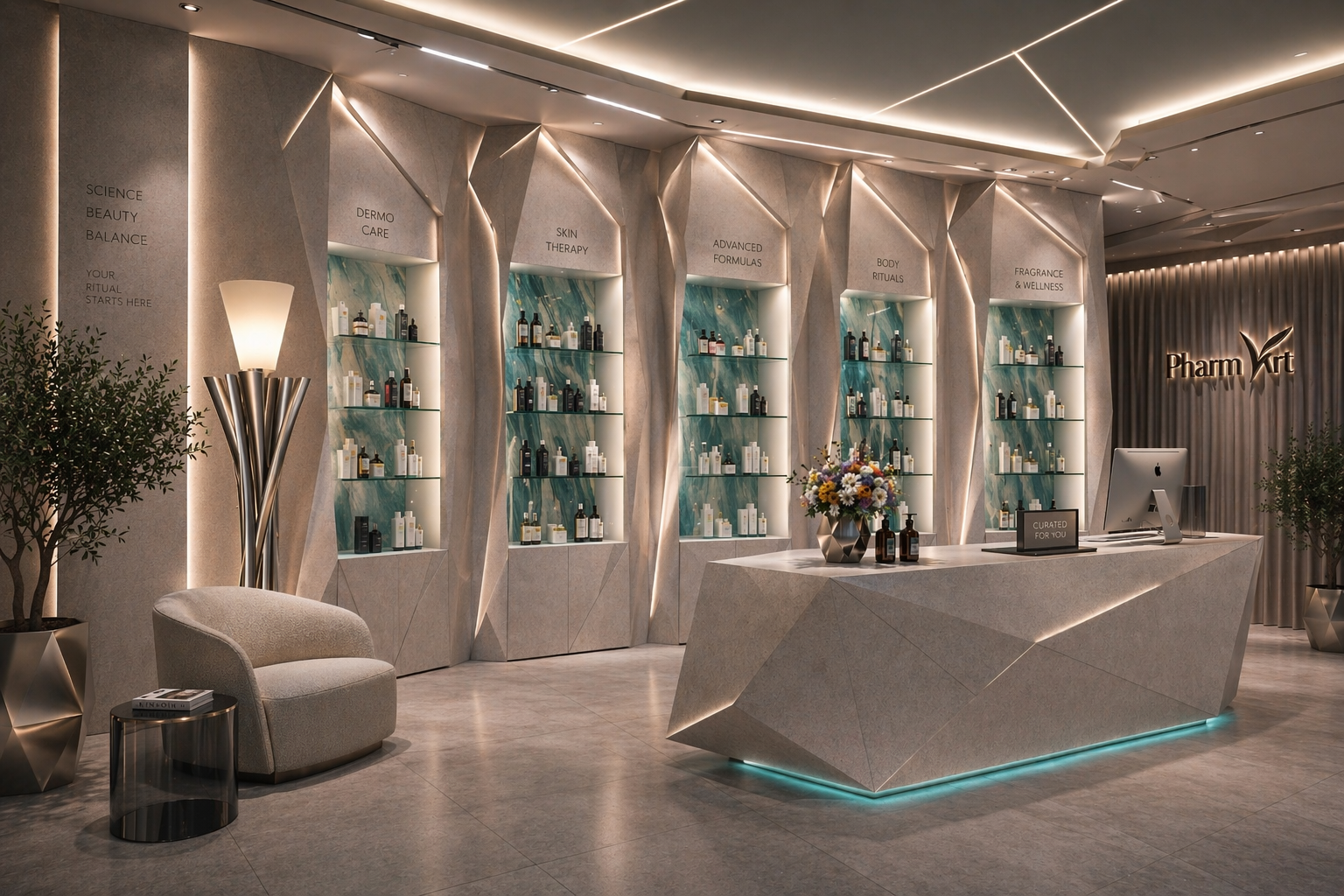 Luxury dermocosmetics retail interior with a sculptural reception desk, illuminated skincare displays and premium product shelving.