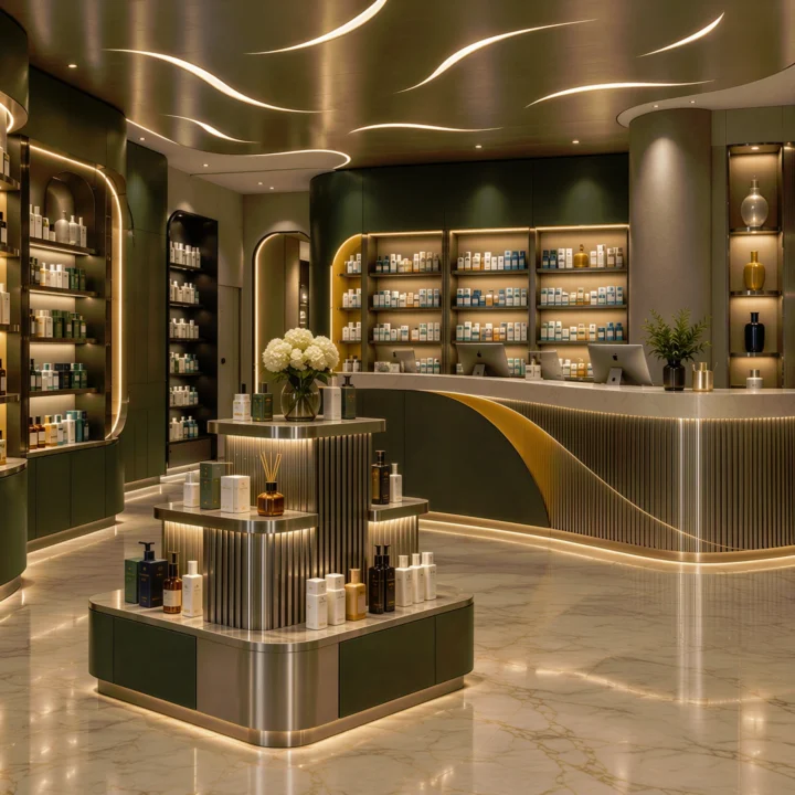 Luxury pharmacy interior design featuring olive green cabinetry, sculptural reception counter, bronze finishes and bespoke product displays by Pharm Art Studio. Kopyala