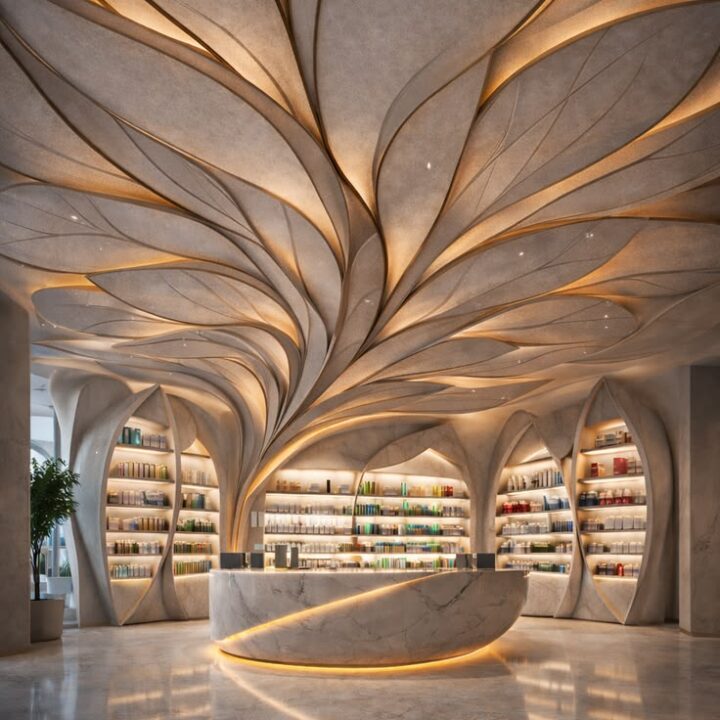 Luxury pharmacy interior design with sculptural organic architecture, flowing ceiling forms, illuminated shelving and premium retail pharmacy layout that enhances customer experience.