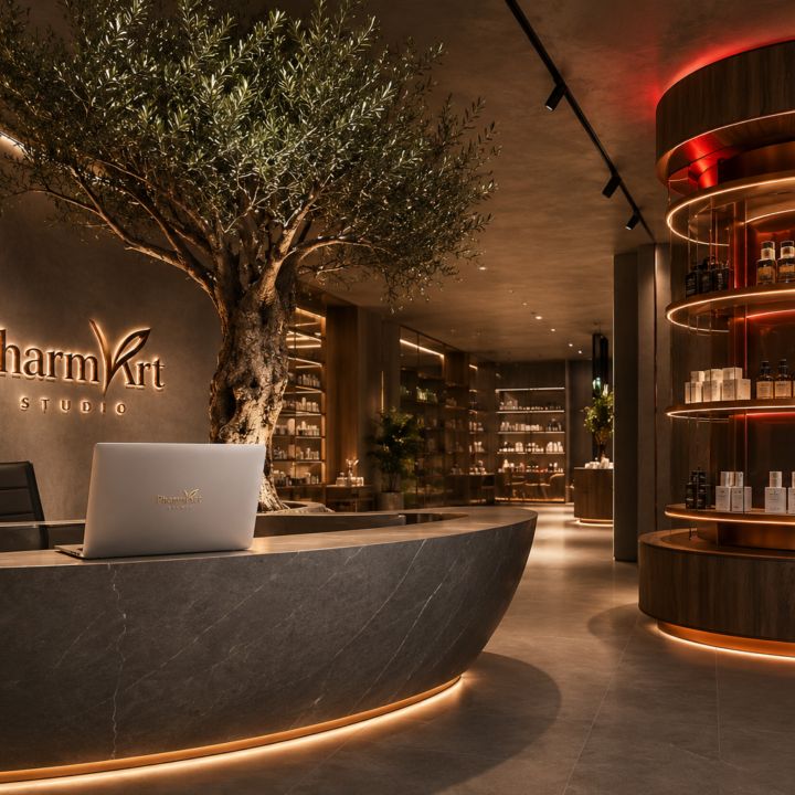 Luxury pharmacy interior featuring ambient architectural lighting, biophilic design with a sculptural olive tree, illuminated product displays and a premium reception desk by Pharm Art Studio.