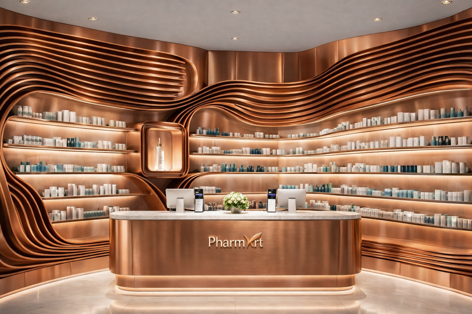Luxury pharmacy interior featuring sculptural copper shelving, flowing wall design, illuminated retail displays and a premium dispensing counter by Pharm Art Studio.