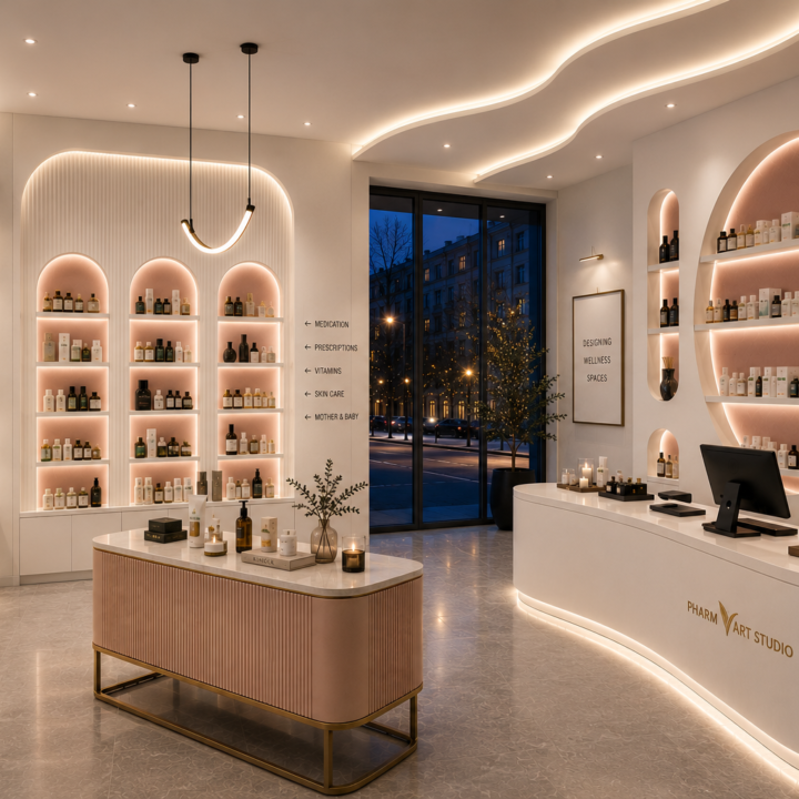 Luxury pharmacy interior featuring a sculptural reception desk, premium dermocosmetic displays, soft ambient lighting, elegant curved shelving, and a contemporary wellness-focused retail concept.