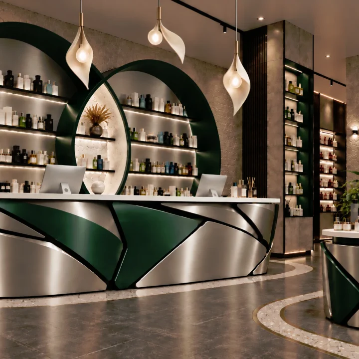 Luxury dermocosmetics store interior featuring an emerald green sculptural counter, brushed metal finishes, circular product displays and elegant pendant lighting.