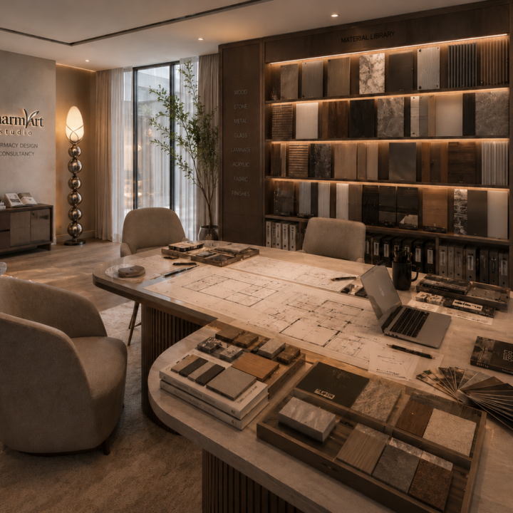 Pharmacy design studio with architectural plans, premium material samples, interior finish library and workspace for luxury pharmacy design and consultancy by Pharm Art Studio.