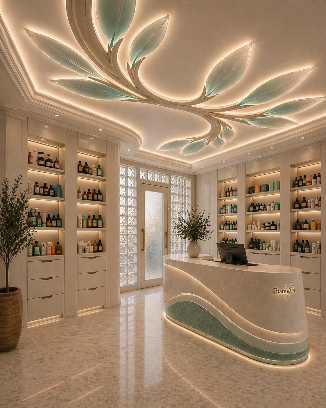 Luxury biophilic pharmacy interior featuring a sculptural reception counter, illuminated botanical ceiling and premium pharmacy shelving by Pharm Art Studio.