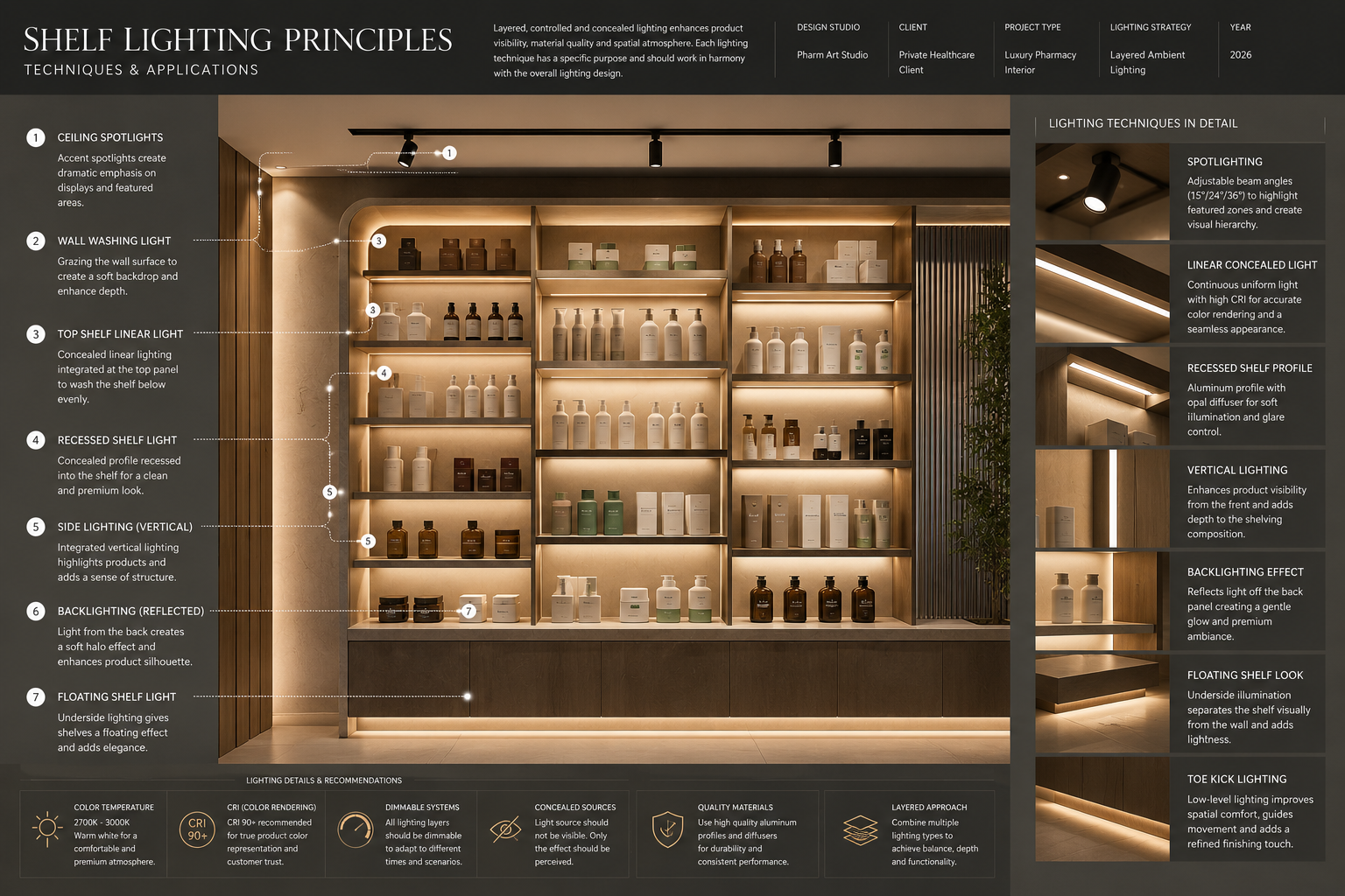 Integrated pharmacy shelf lighting system featuring concealed linear LEDs, vertical illumination, backlighting and floating shelf lighting for enhanced product presentation.