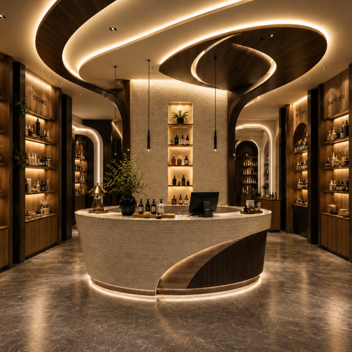 Luxury pharmacy interior featuring a sculptural dispensing counter, curved ceiling design, illuminated shelving and premium wellness product displays.