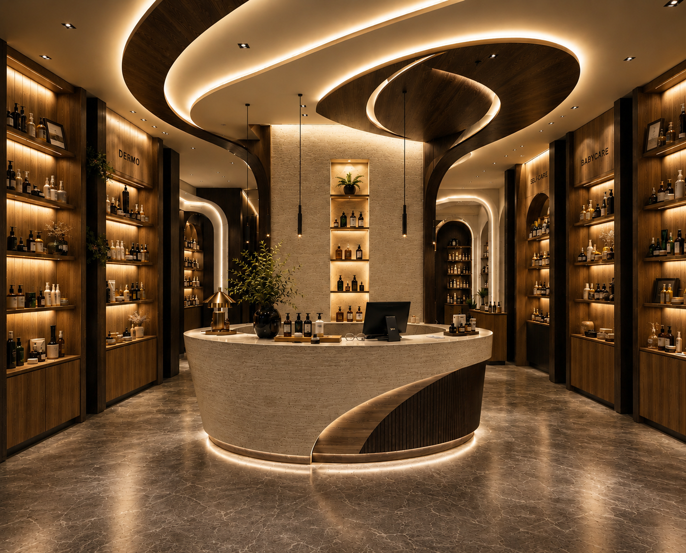 Luxury pharmacy interior featuring a sculptural dispensing counter, curved ceiling design, illuminated shelving and premium wellness product displays.