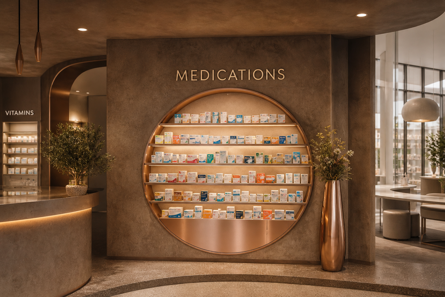 Circular pharmacy medication display with illuminated wall shelving, premium retail presentation and copper detailing by Pharm Art Studio.