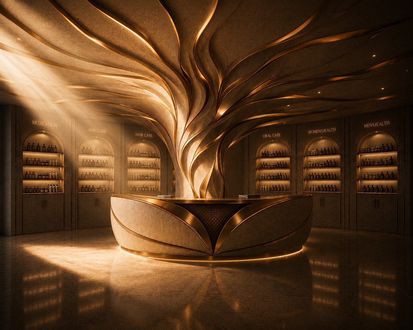 Luxury sculptural pharmacy interior featuring a statement dispensing counter, flowing organic ceiling design and illuminated product displays.