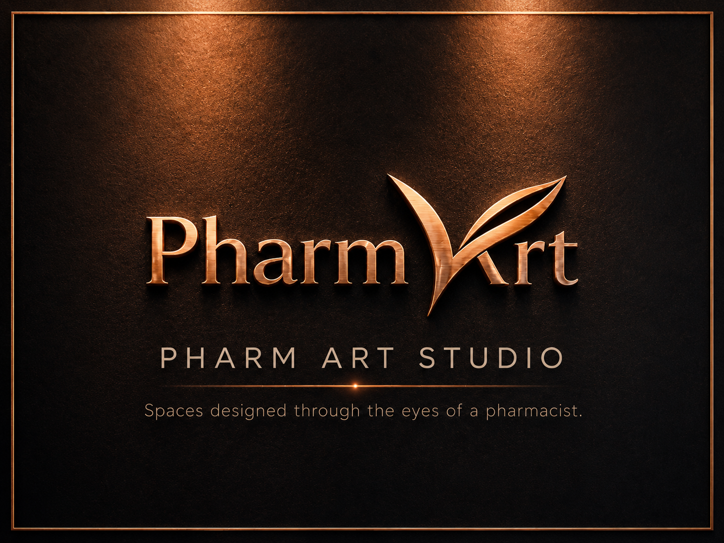Pharm Art Studio copper logo representing luxury pharmacy interior design, healthcare architecture and premium retail environments.