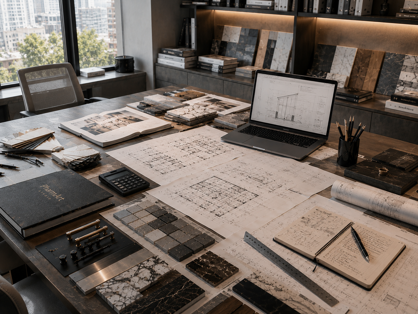 Pharmacy design workspace featuring architectural drawings, material samples, lighting studies and concept development for a premium healthcare interior.