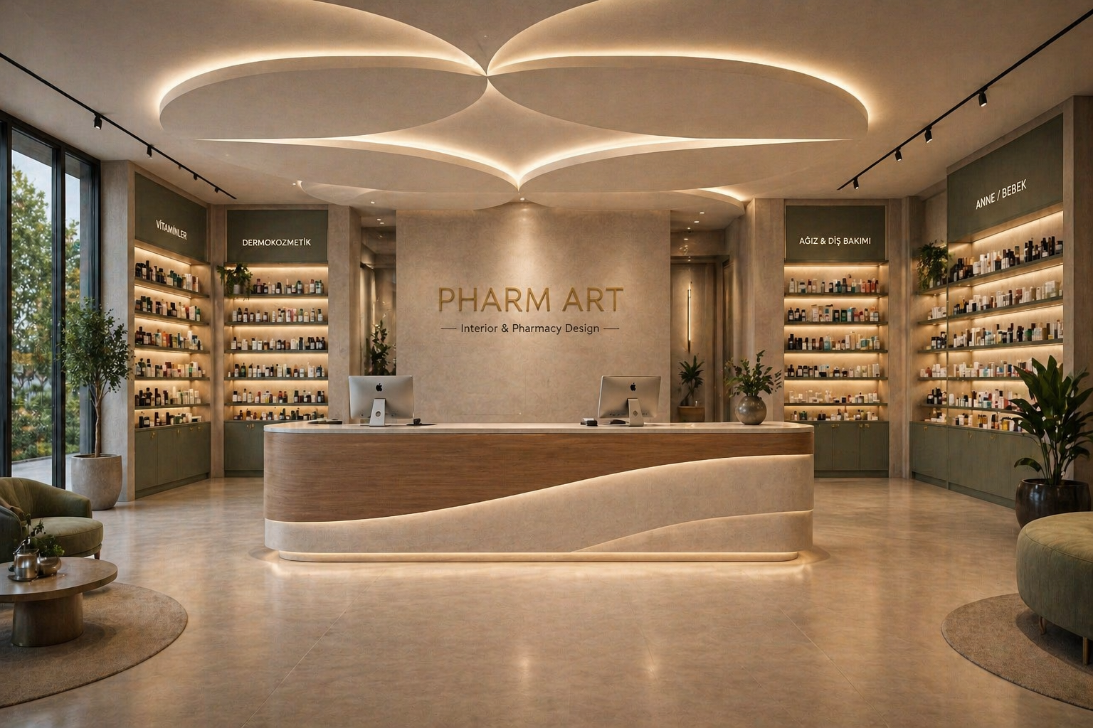 Luxury pharmacy interior designed by Pharm Art Studio featuring a sculptural reception desk, premium shelving, warm lighting and contemporary healthcare architecture.