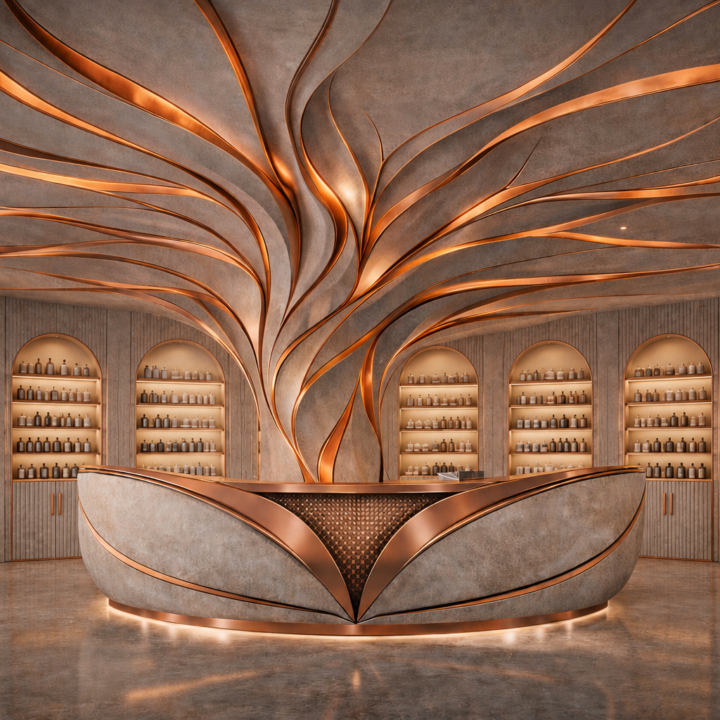 Sculptural luxury pharmacy interior concept with copper flowing ceiling, illuminated display shelving and bespoke reception desk by Pharm Art Studio.