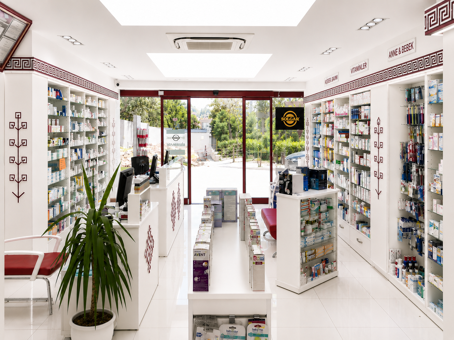 Contemporary pharmacy retail layout with organized product displays and customer circulation