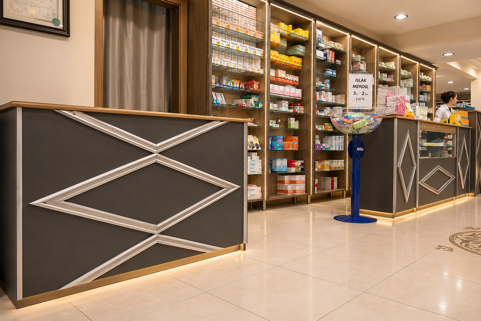 Custom pharmacy dispensing counter with geometric front panels and illuminated medication shelving