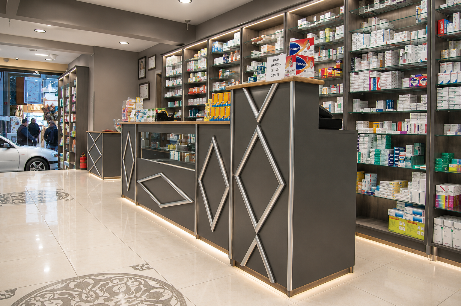 Modern pharmacy interior with custom gondola display units and illuminated wall shelving