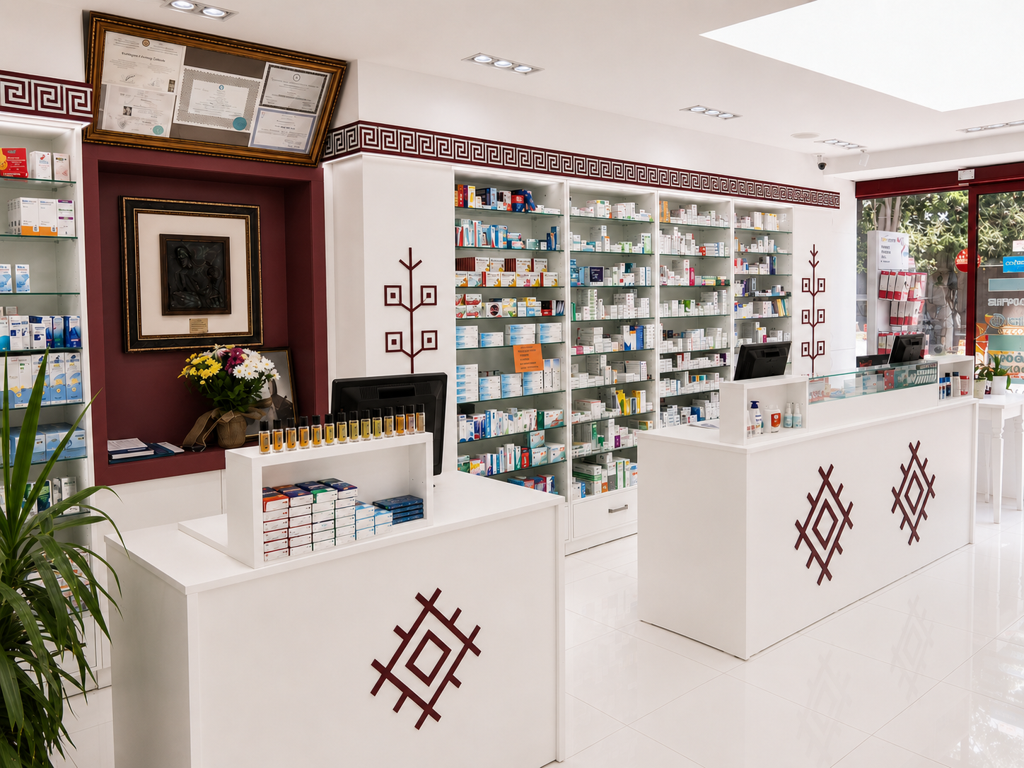 Bright pharmacy interior with custom dispensing counters and organized medicine shelving