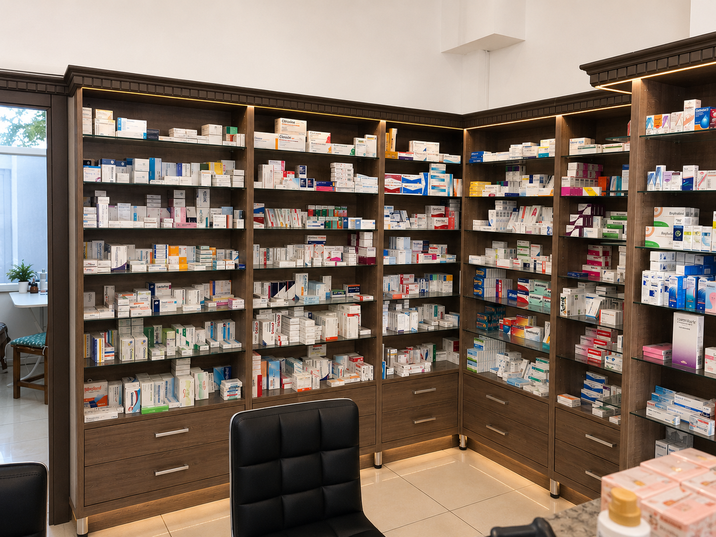Custom pharmacy storage cabinets with walnut shelving and organized medication display