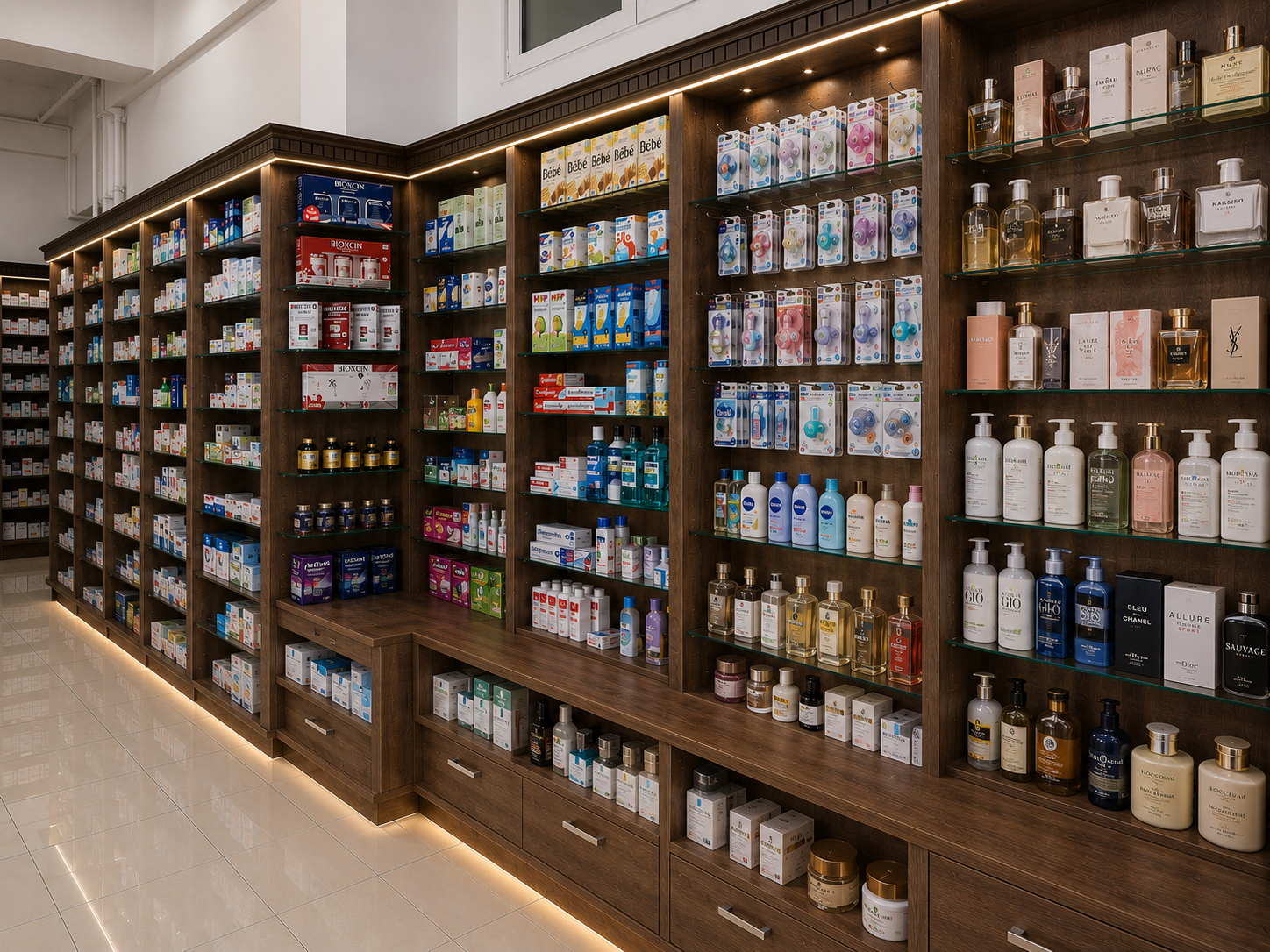 Luxury dermocosmetic display with custom walnut pharmacy shelving and integrated LED lighting