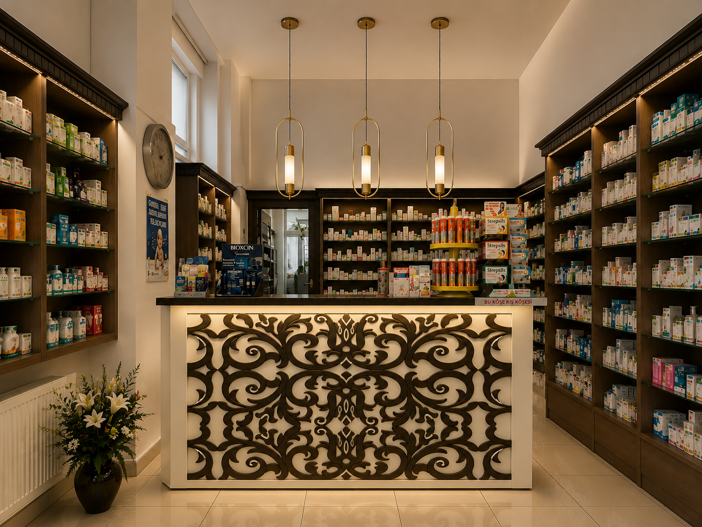 Luxury pharmacy dispensing counter with custom walnut shelving and integrated lighting