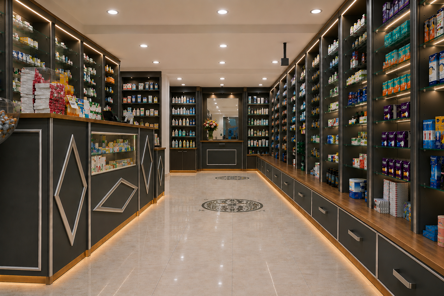 Luxury pharmacy interior with symmetrical layout, illuminated retail shelving and custom cabinetry Title