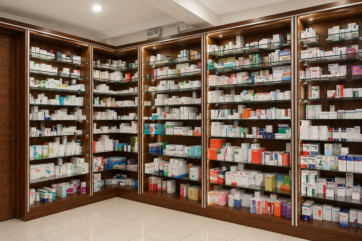 Custom mahogany pharmacy shelving with integrated LED lighting and glass shelves