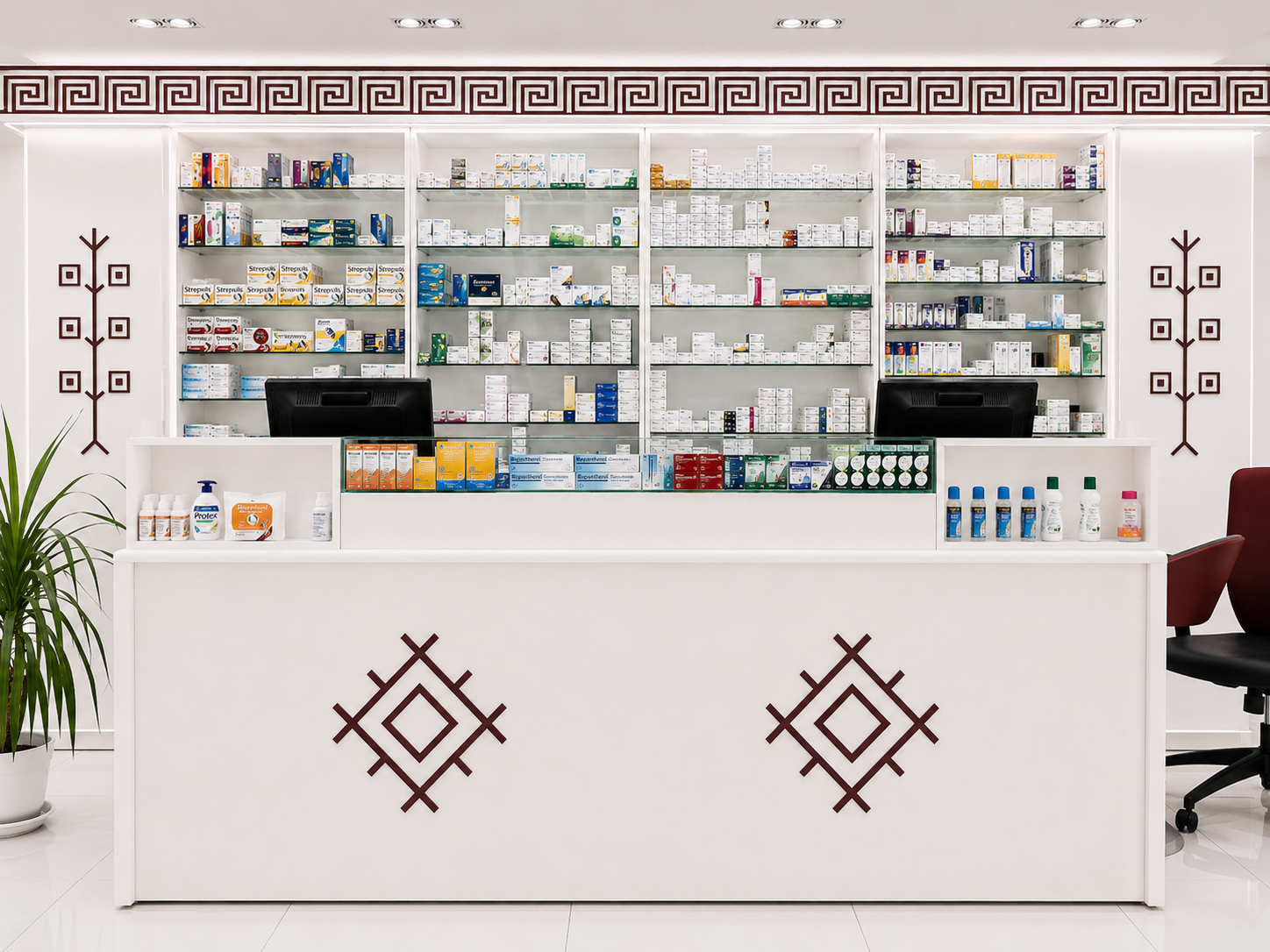 Modern pharmacy dispensing wall with glass shelving and custom white counter by Pharm Art Studio