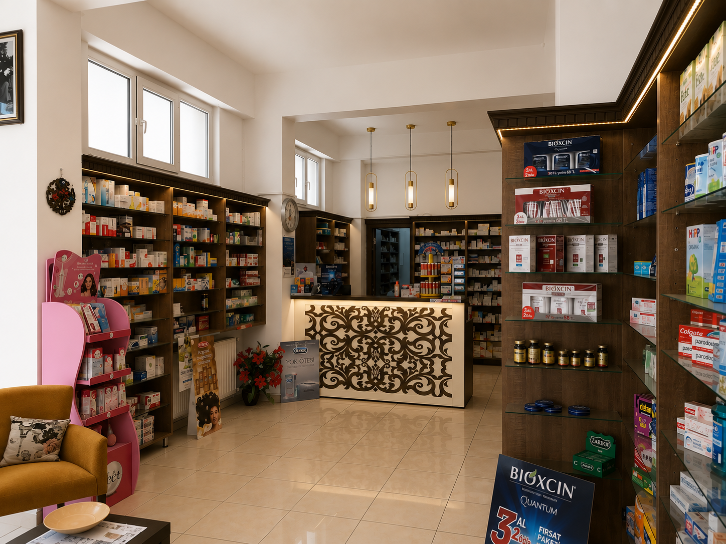 Modern pharmacy interior with custom walnut shelving, illuminated product displays and dispensing counter