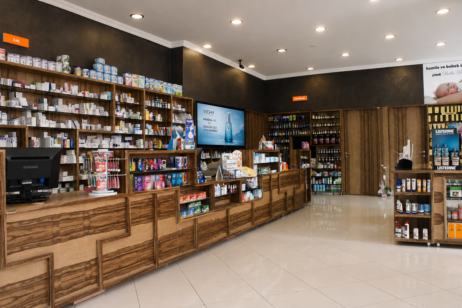 Modern pharmacy retail interior with custom dispensing counter and illuminated product shelving