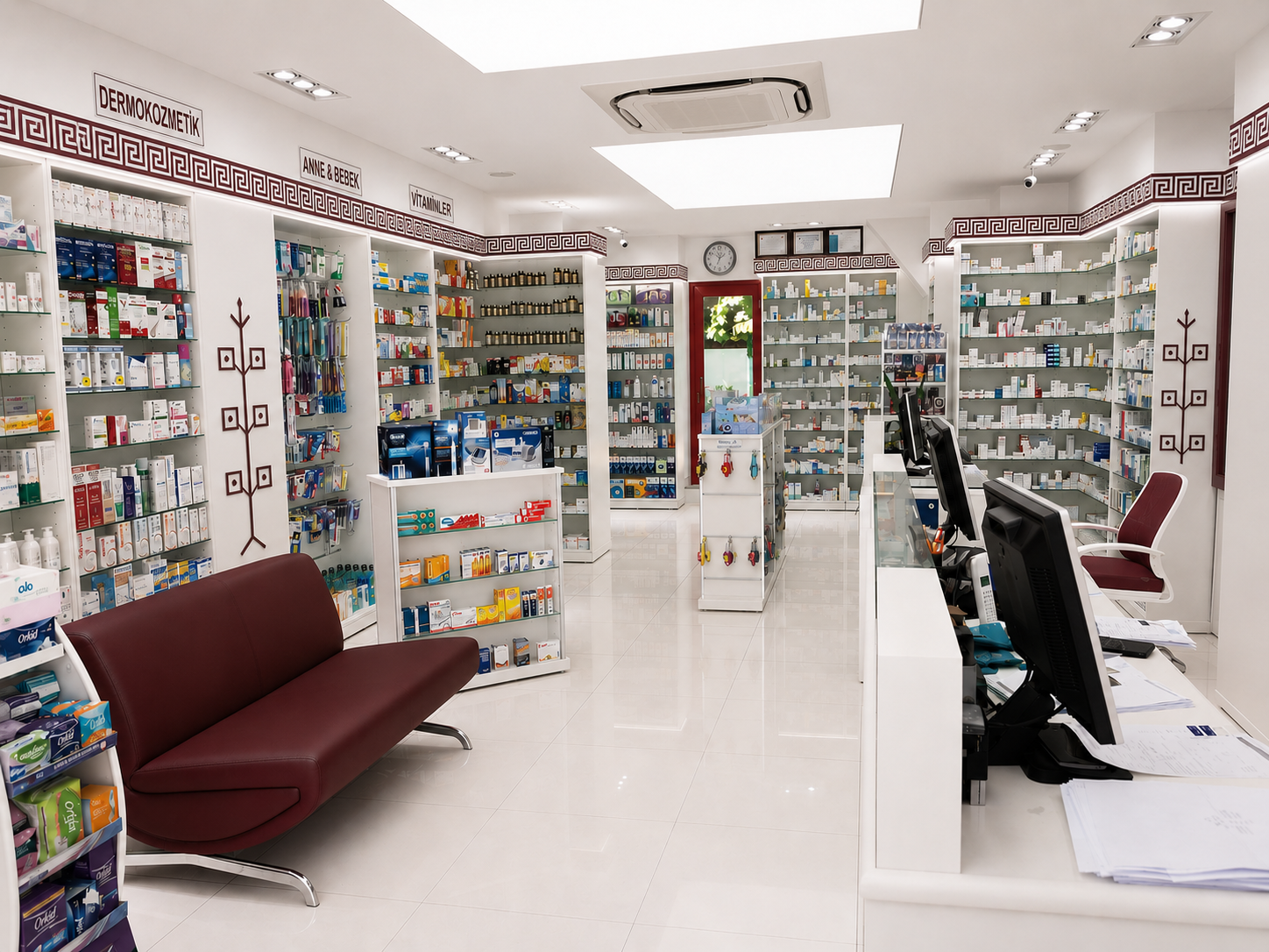 Modern pharmacy interior with dermocosmetic displays, consultation area and customer seating