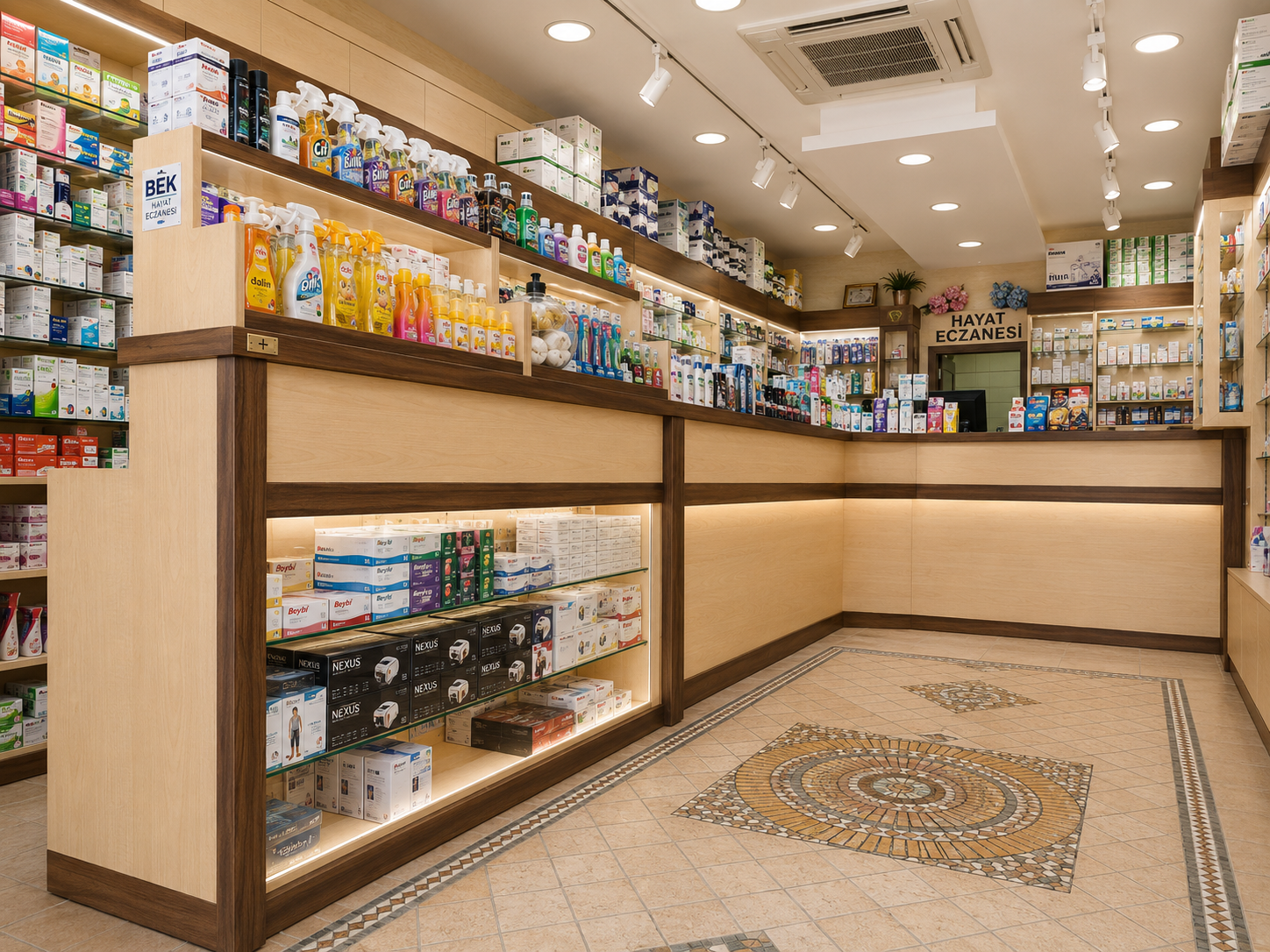 Traditional pharmacy dispensing counter with custom wood cabinetry, illuminated product displays and retail shelving designed by Pharm Art Studio