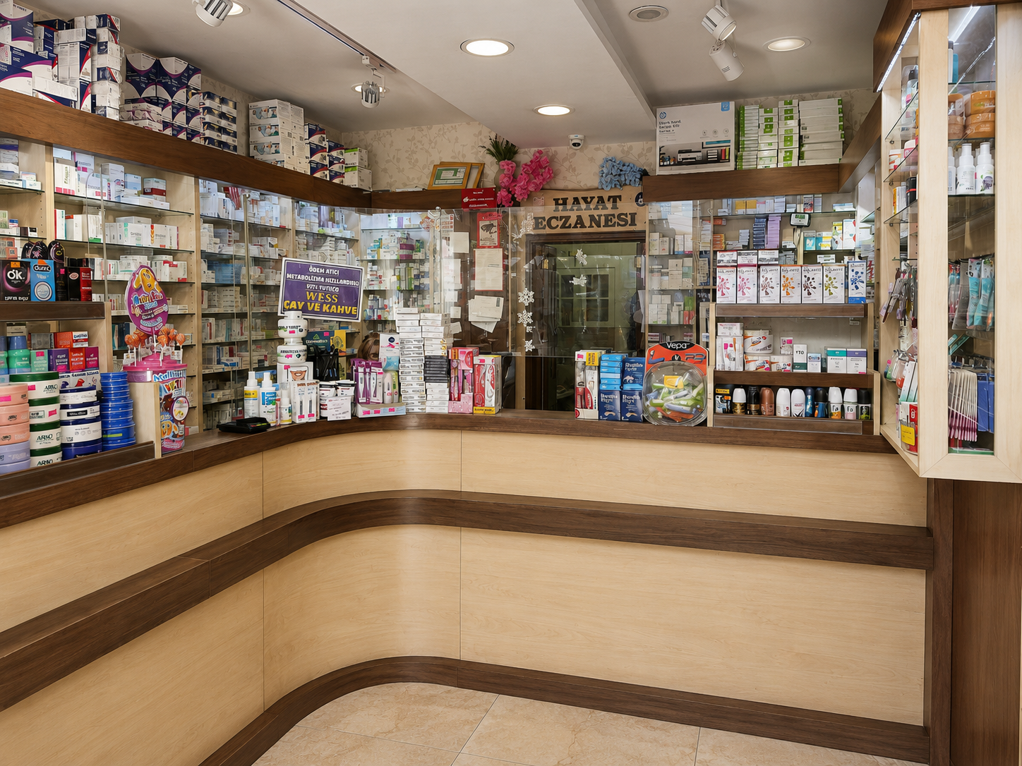 Traditional community pharmacy interior with custom dispensing counter and medicine display by Pharm Art Studio