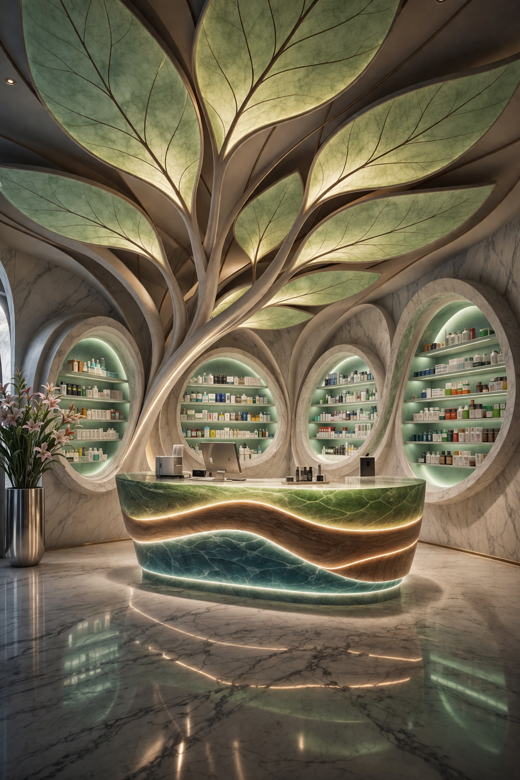 Luxury biophilic pharmacy interior featuring a sculptural tree-inspired ceiling, illuminated organic dispensing counter and circular retail shelving by Pharm Art Studio.