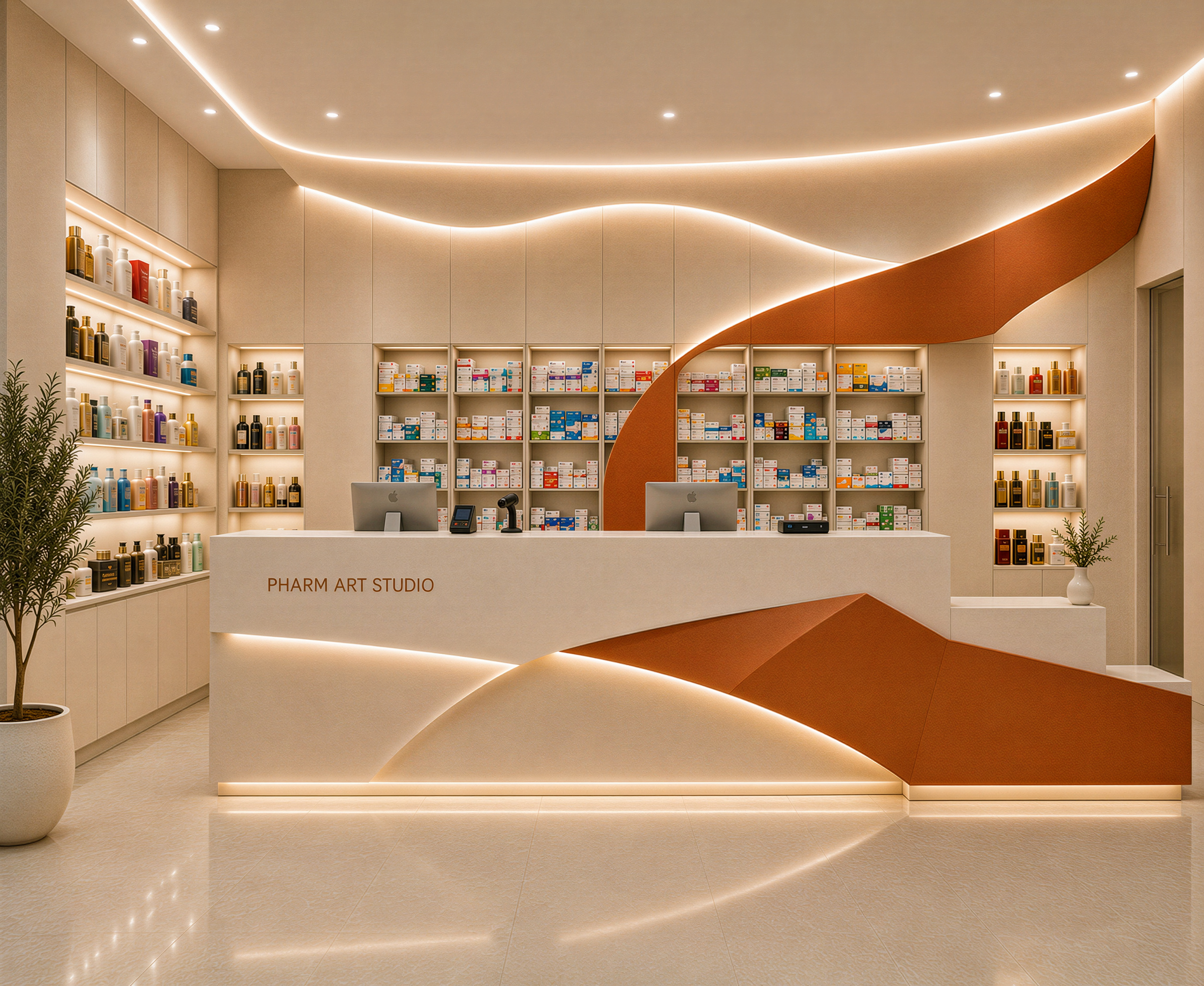 Luxury pharmacy dispensing counter with sculptural architecture, premium medicine display shelving and modern dermocosmetic retail design by Pharm Art Studio.