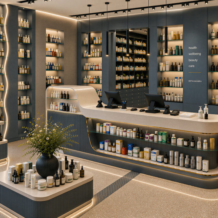 Luxury pharmacy interior with dark walnut cabinetry, curved display counters and warm integrated lighting