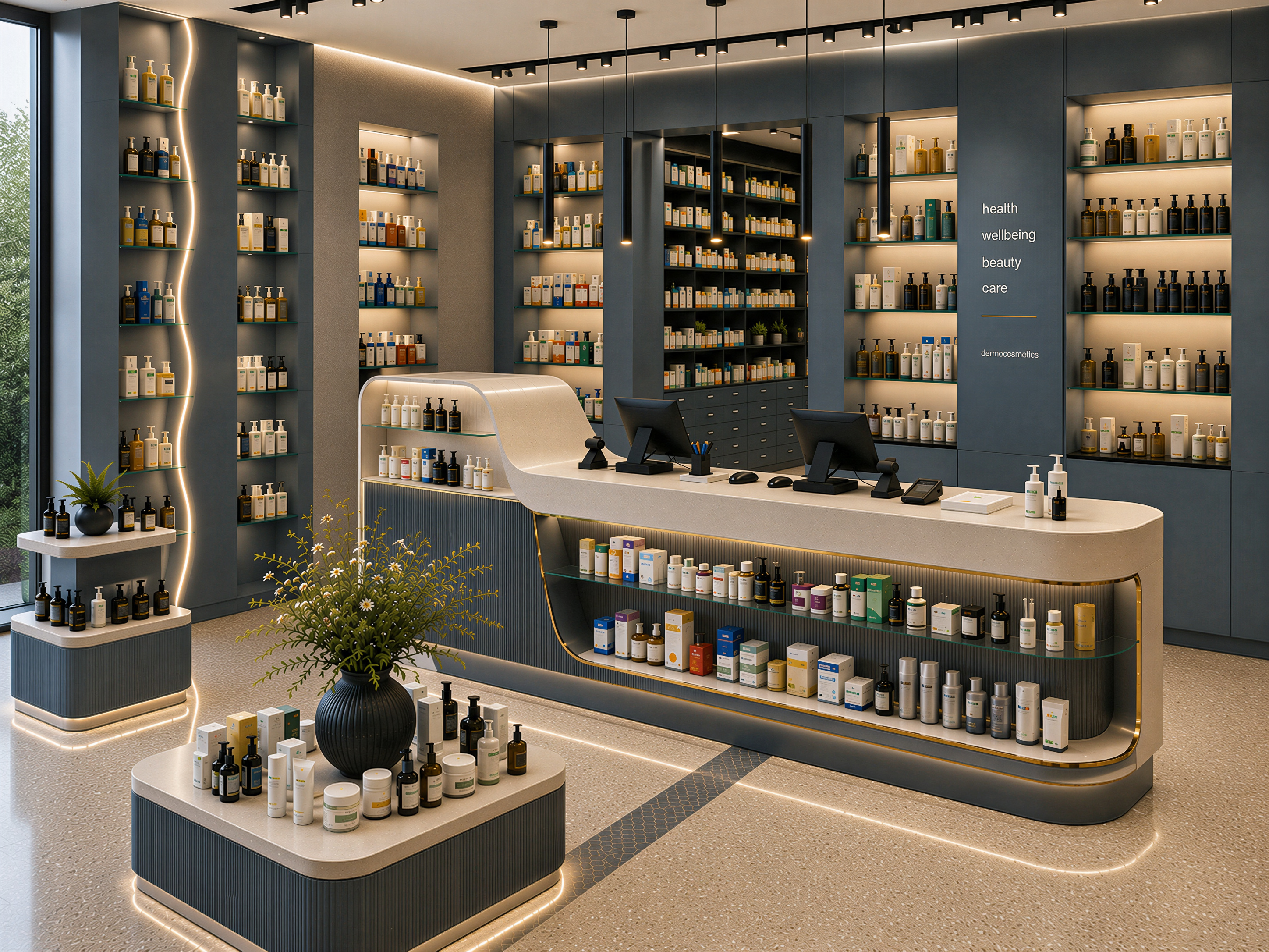 Luxury pharmacy interior with dark walnut cabinetry, curved display counters and warm integrated lighting
