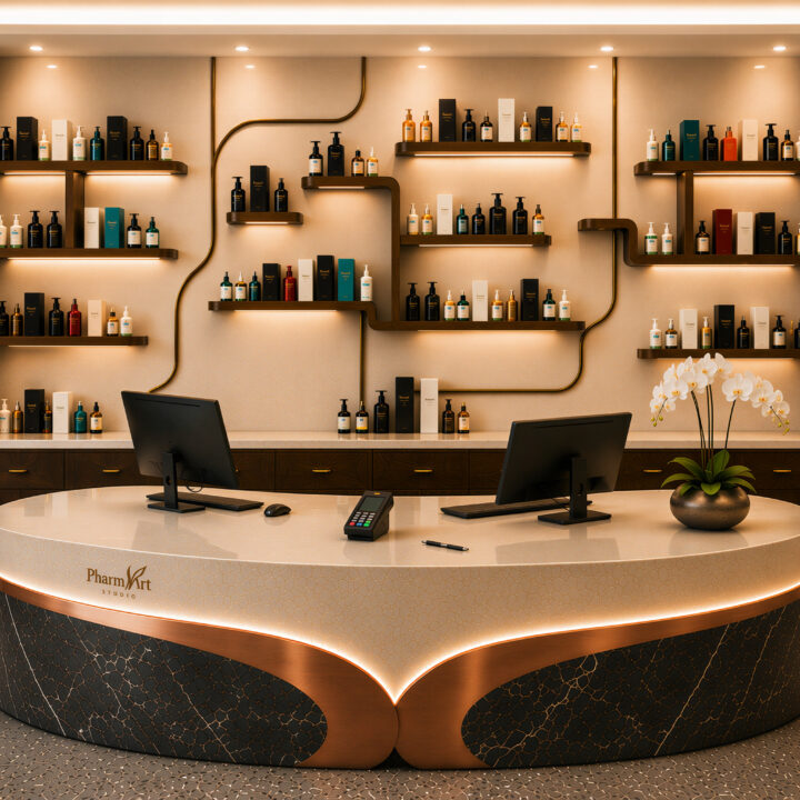 Luxury pharmacy interior design with sculptural dispensing counter and illuminated retail shelving
