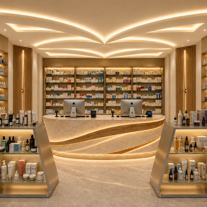 📋 Luxury pharmacy interior design featuring a sculptural illuminated reception desk, curved ceiling lighting, premium dermocosmetic shelving, modern retail displays, and warm architectural lighting.