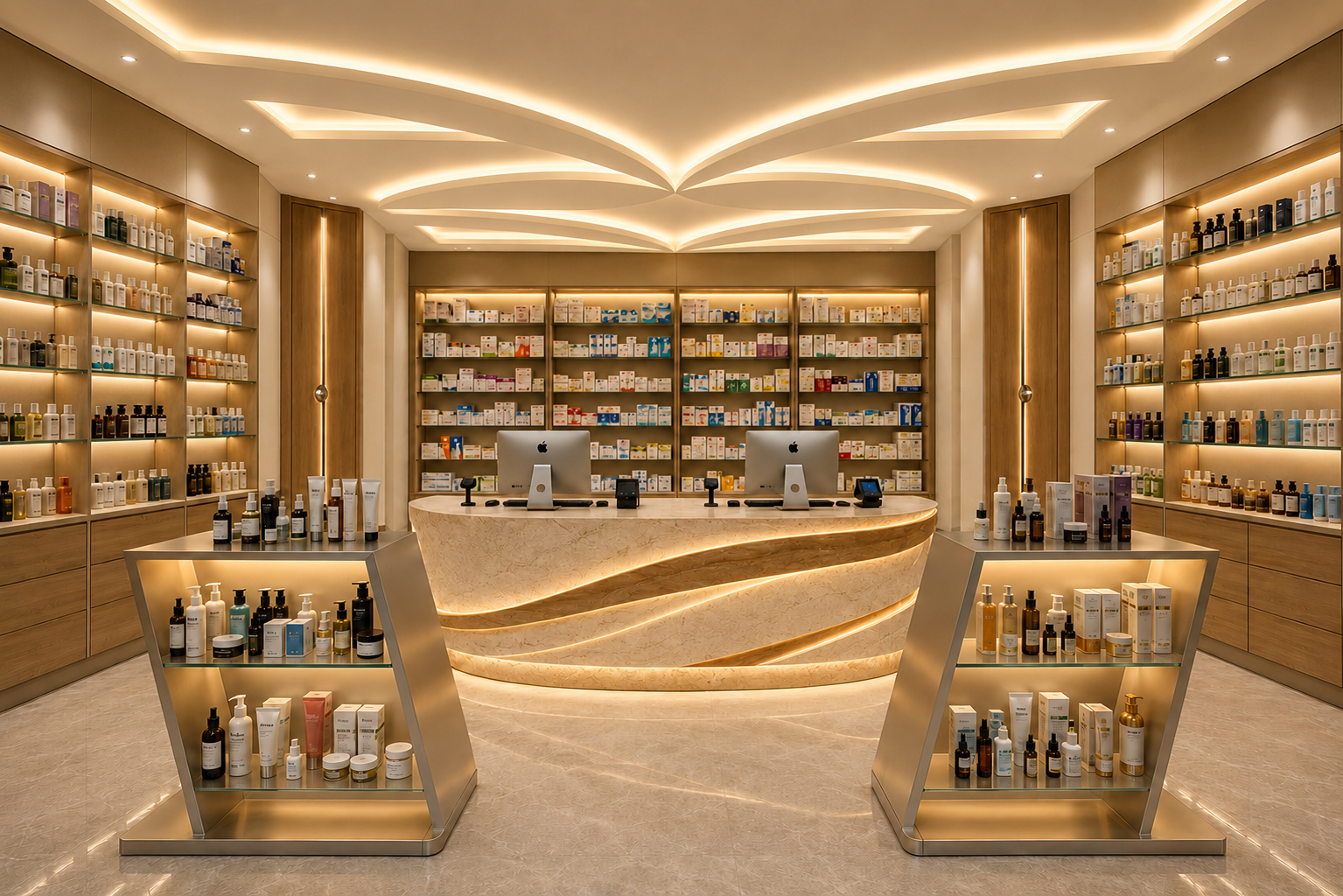 📋 Luxury pharmacy interior design featuring a sculptural illuminated reception desk, curved ceiling lighting, premium dermocosmetic shelving, modern retail displays, and warm architectural lighting.
