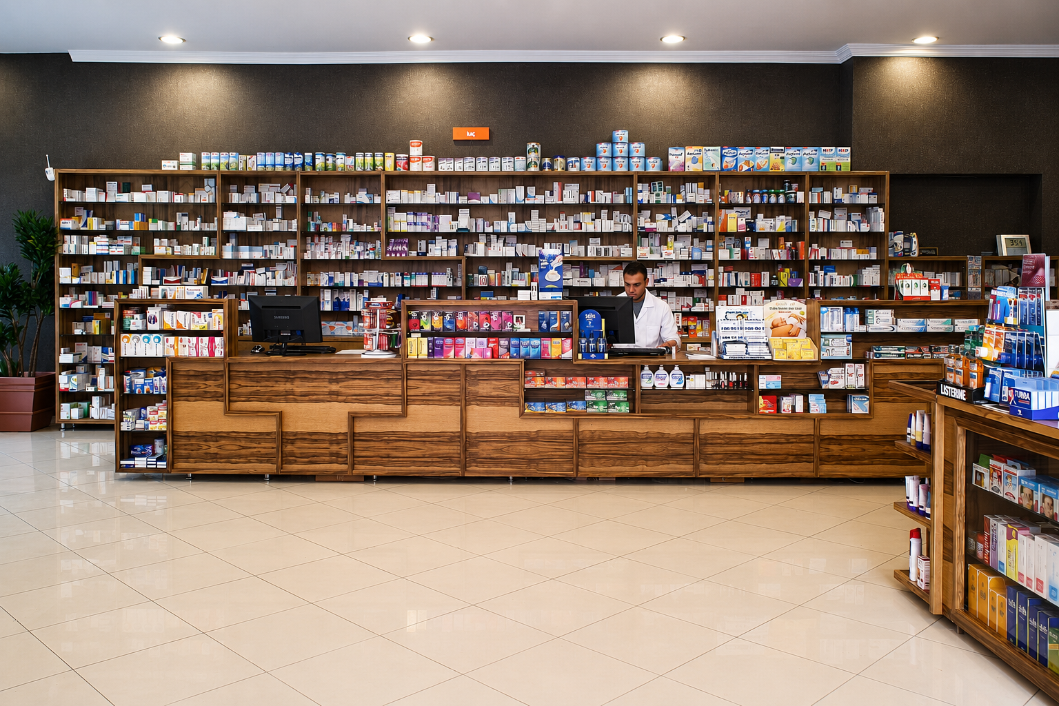 Modern pharmacy interior design with custom walnut cabinetry, functional dispensing counter and high-capacity shelving by Pharm Art Studio.