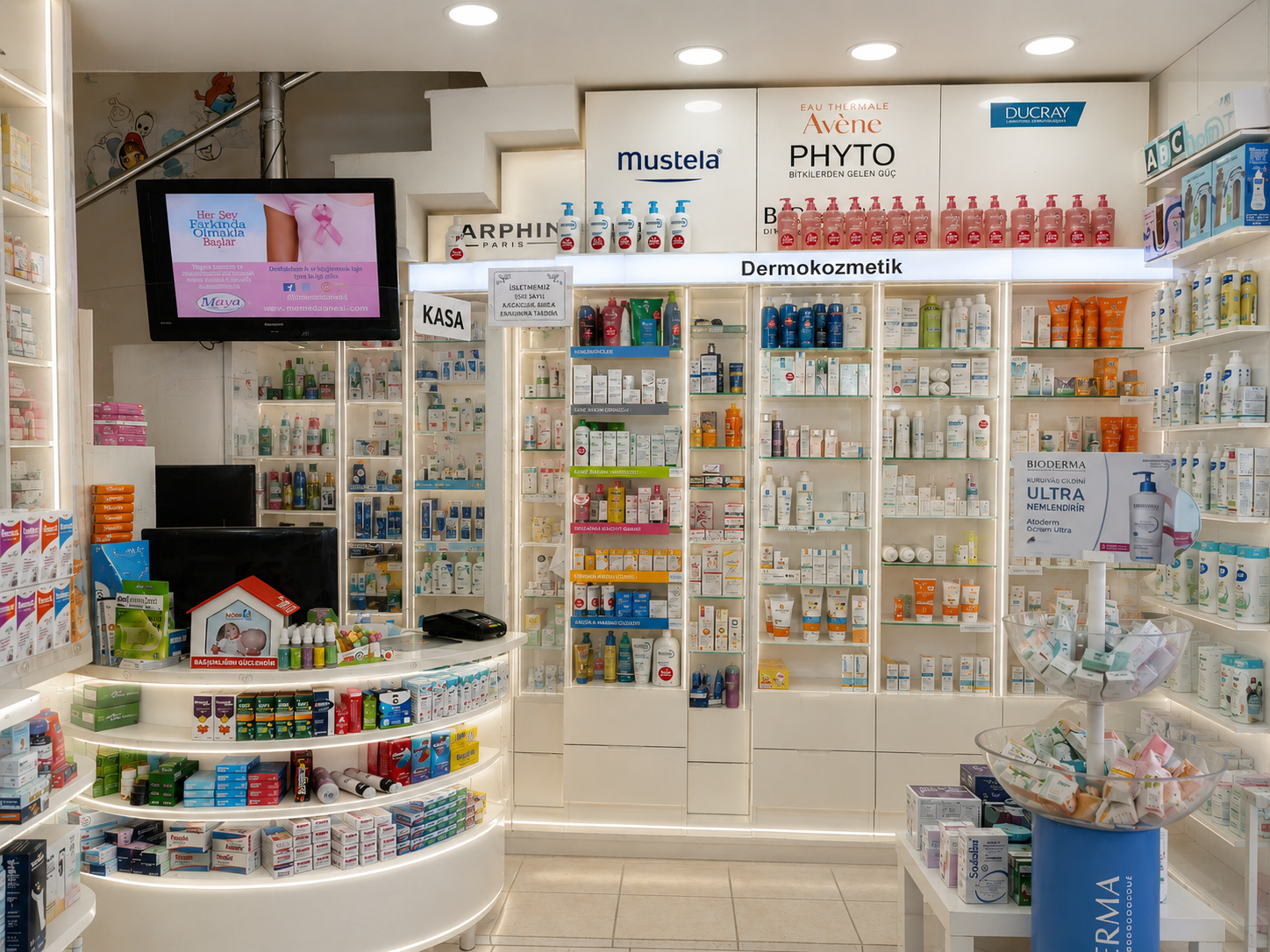 Modern pharmacy dermocosmetics section with premium skincare display and illuminated product shelves
